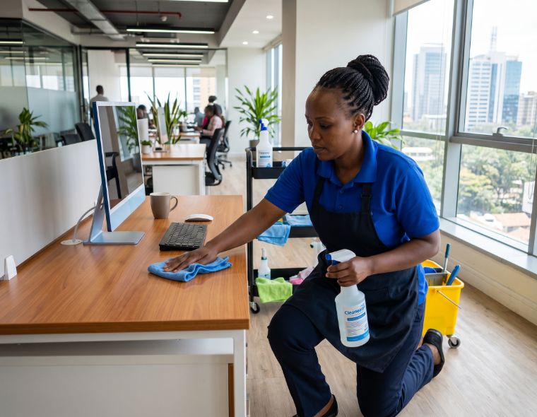 Professional cleaner wiping a desk in a Nairobi office
