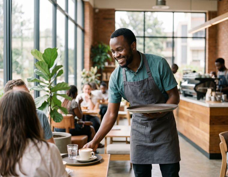 Hospitality waiter serving in a Nairobi café