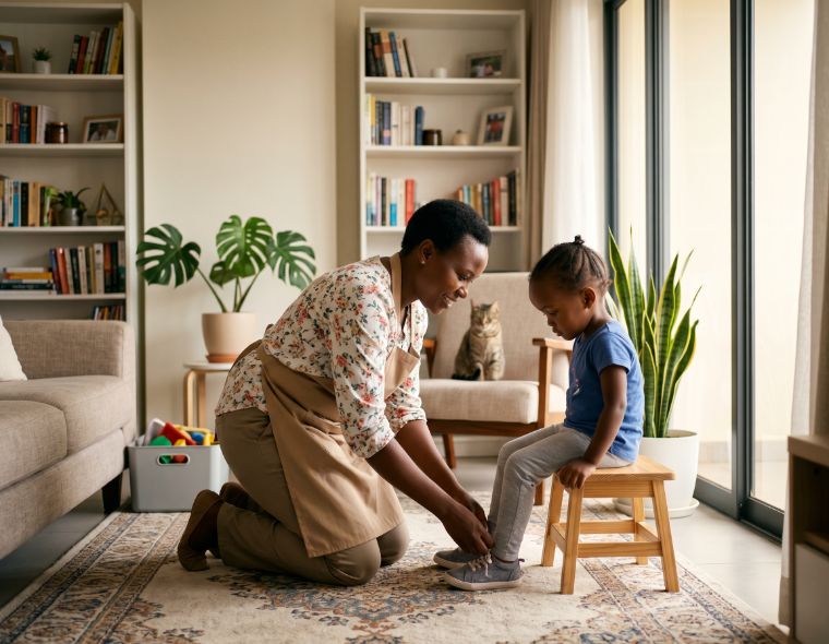 House help and nanny caring for a child in a Nairobi home